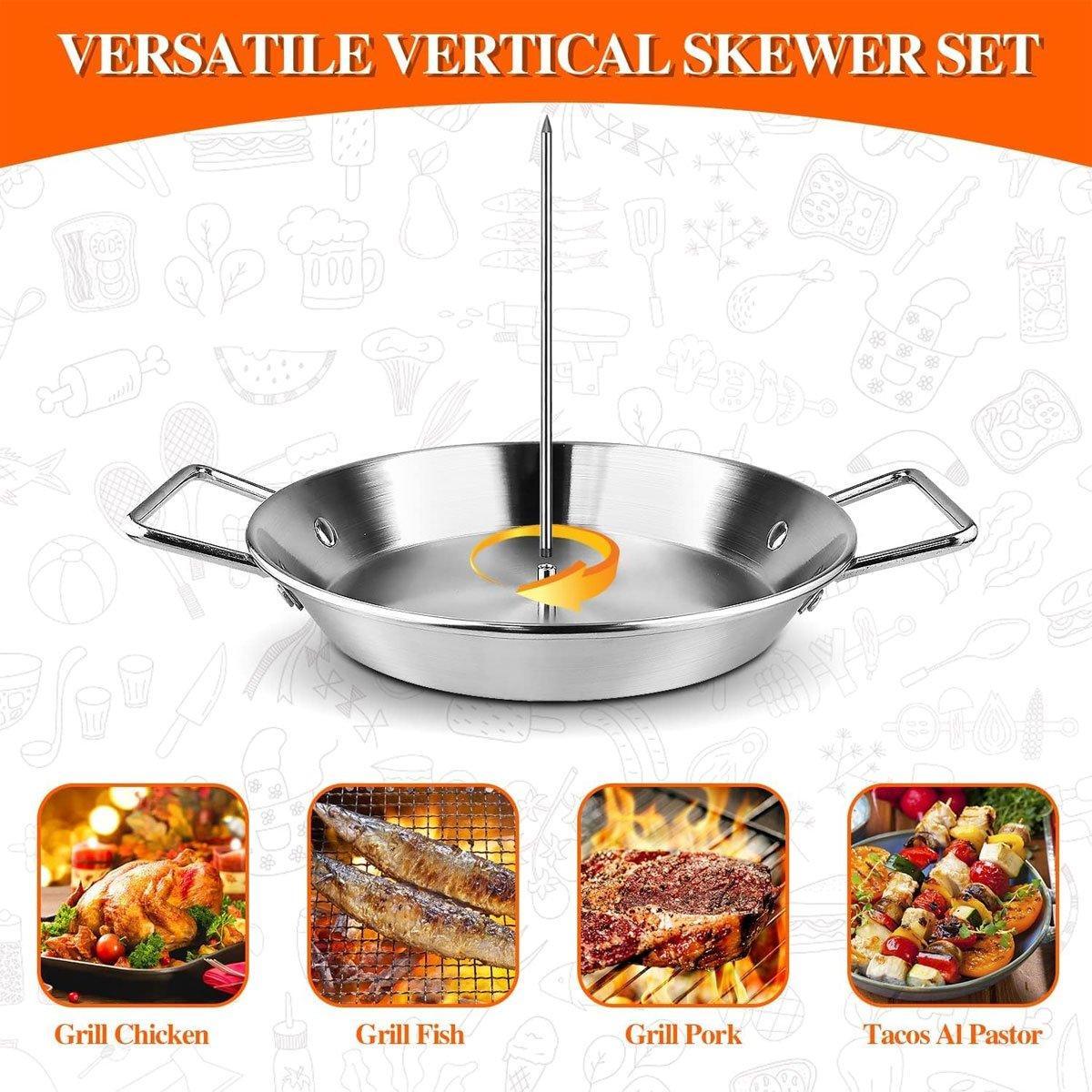 BBQ Rotisserie Skewer Pan Kit — Stainless Steel with 3 Removable Skewers