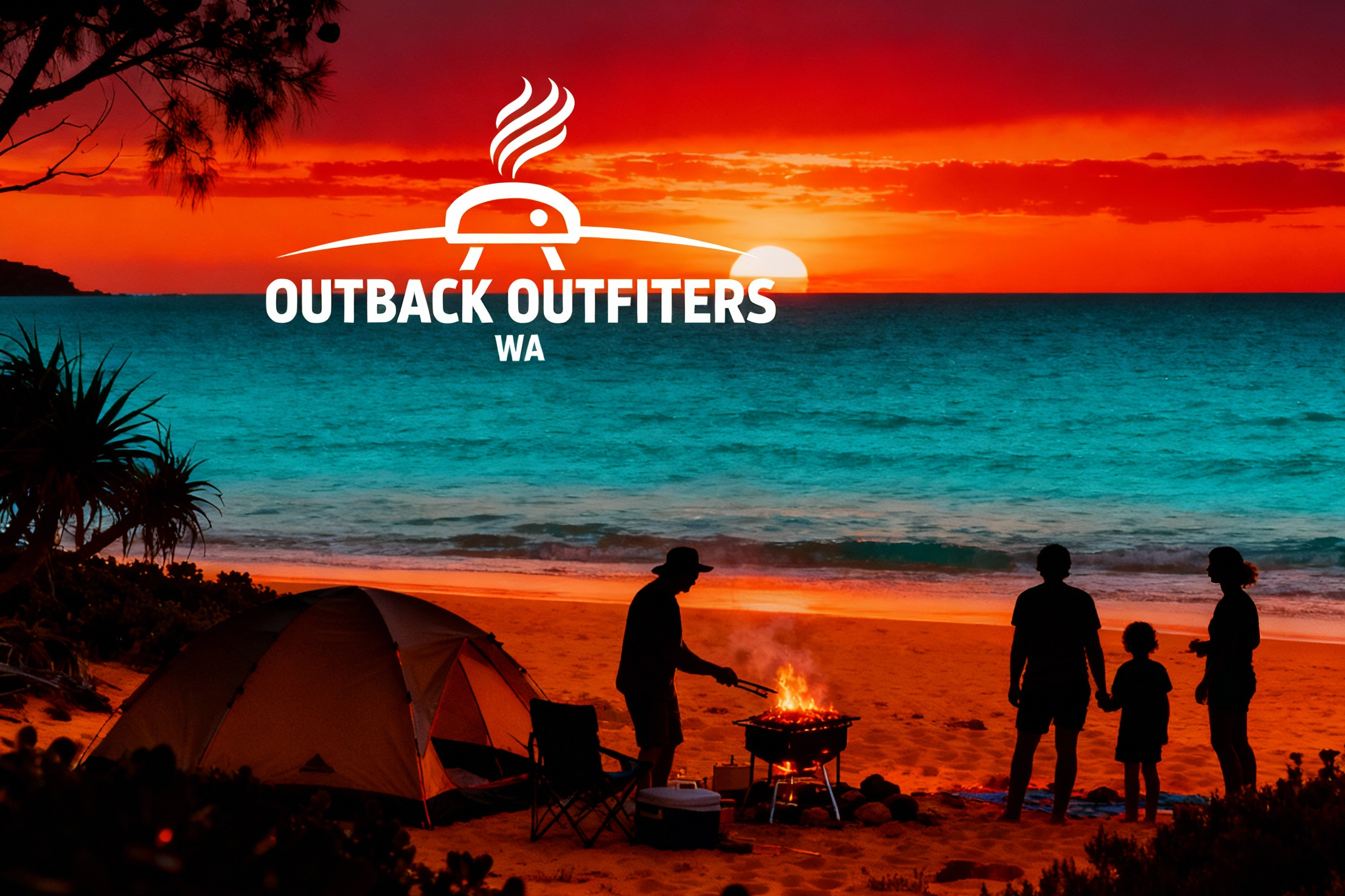 Family camping on a beach at sunset with Outback Outfitters WA logo.
