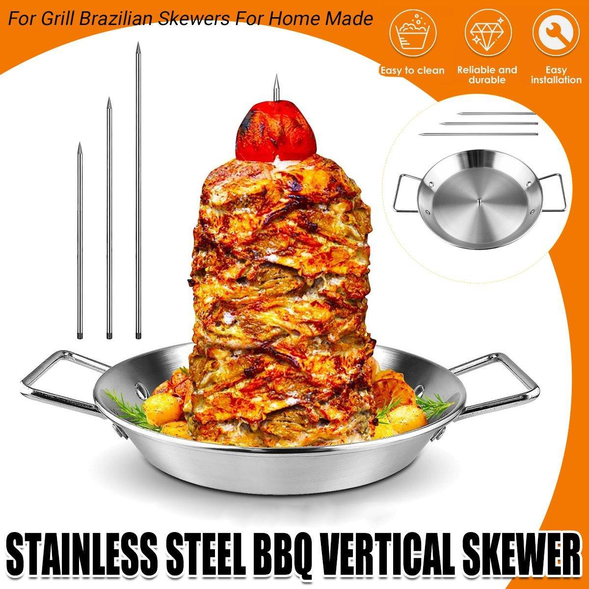 BBQ Rotisserie Skewer Pan Kit — Stainless Steel with 3 Removable Skewers
