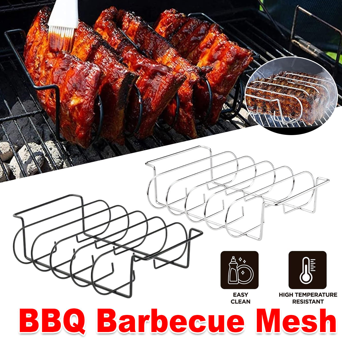 BBQ Rib & Roasting Rack — Stainless Steel Grill Basket